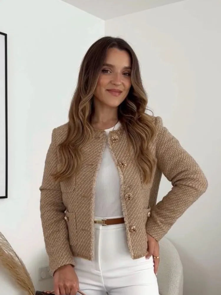 Elegant Sweet Cropped Jacket For Women Long Sleeve Pocket Thick Coat Autumn Office Lady