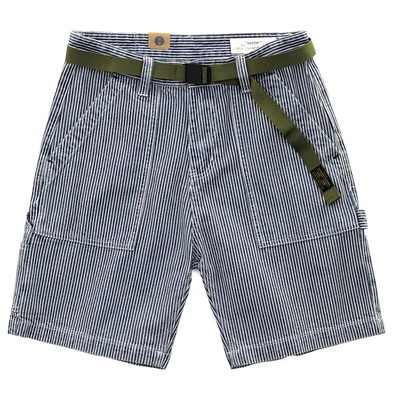 Summer American Retro Denim Striped Tooling Shorts Men's Loose Casual Pants