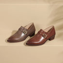 Buckle Genuine Leather Single Shoes Woman Retro Pointed Toe Dress Shoes Ladies Thick Med Heels Pumps