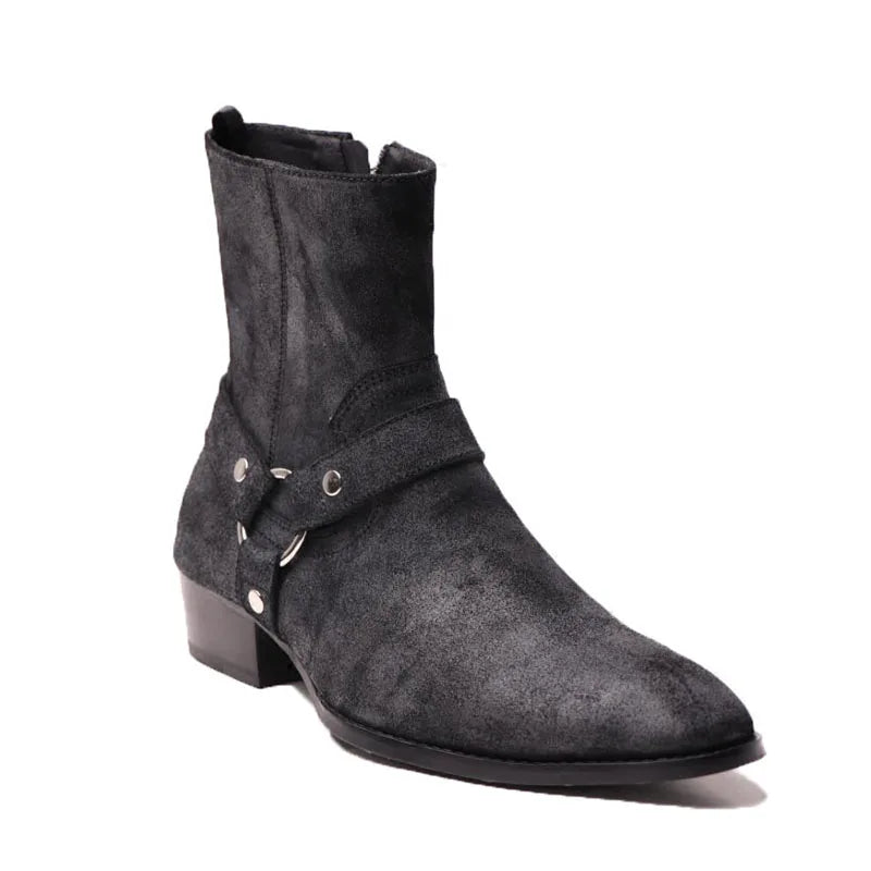 Leather Harness Buckle Men Ankle Boots Pointed Toe Wood Heel Man Chelsea Boots