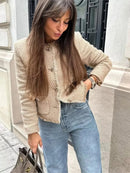 Elegant Sweet Cropped Jacket For Women Long Sleeve Pocket Thick Coat Autumn Office Lady