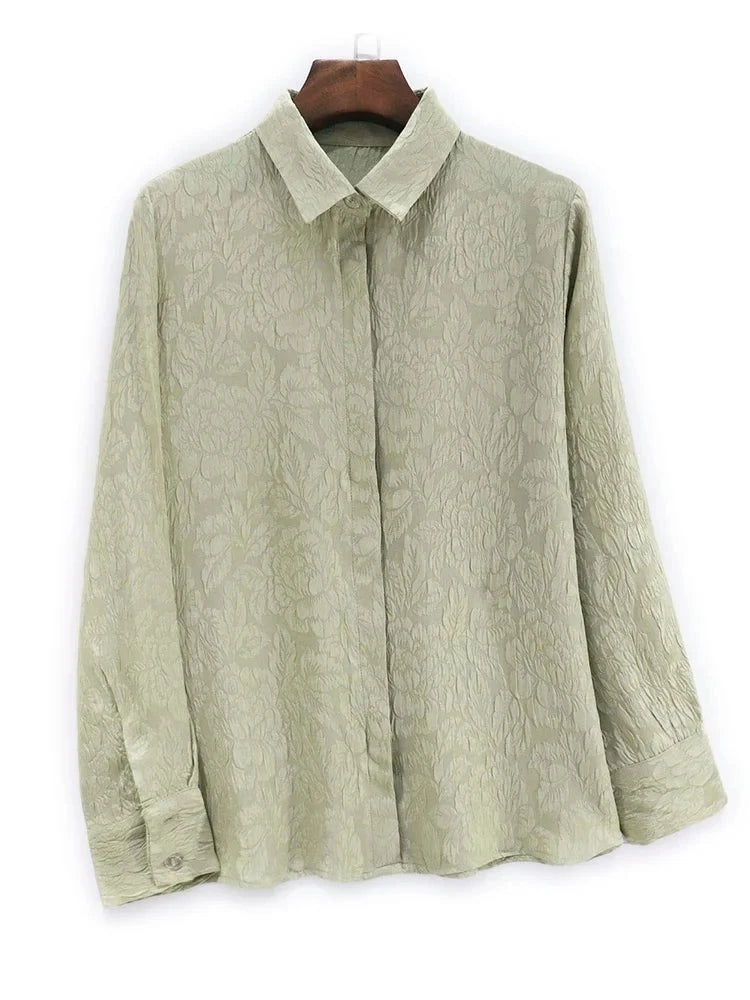 Shirt for Women Jacquard Crepe Lapel Elegant Retro Blouses Spring