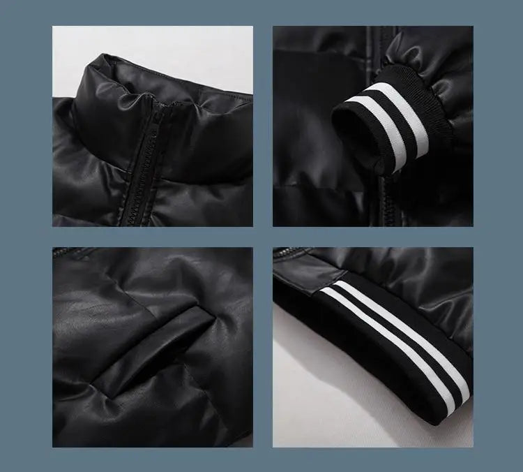 Leather Men's Winter Warm Cotton Coat Plus Velvet Padded Winter High Collar Jacket Men