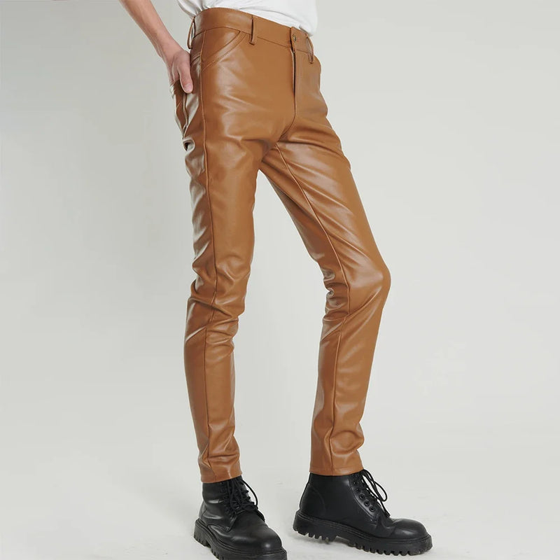 Men's Leather Pants Slim Fit Stretchy Biker's Trousers Cosplay Nightclub Party Pants Thin