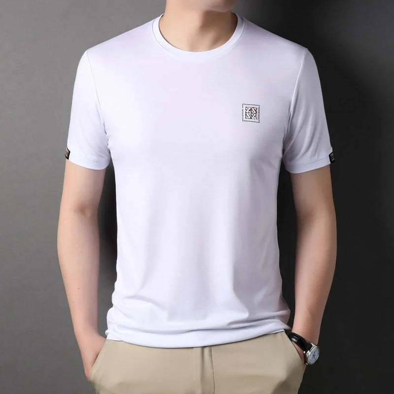 Mens Basic T-shirt Summer Round Collar Middle-aged Male Slim Casual Quick Dry Elastic Short Sleeve