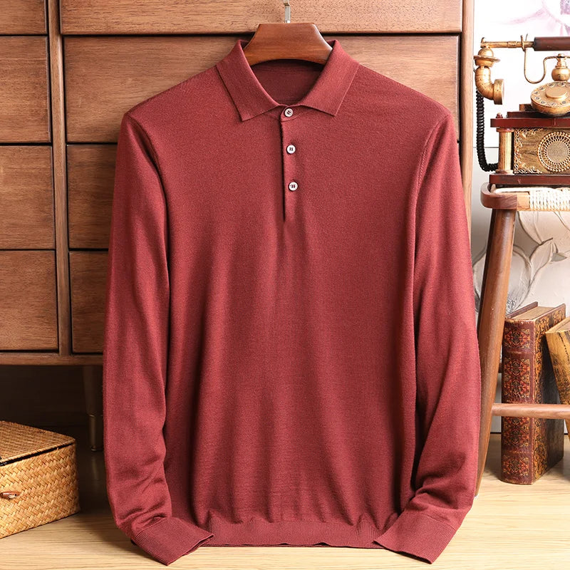 Men's Polo Collar Knit Sweater Autumn Solid Business Casual Wool Knit Pullovers