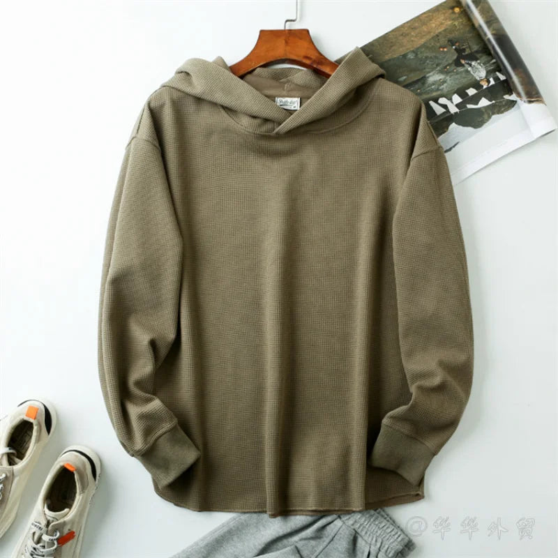 Men's Hoodies Spring Casual Hooded Sweatshirts Men's Solid Color Fitness Hoody Tops Waffle Vintage Stretch Pullover