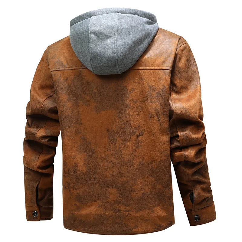 Men's Knitted Hat Faux Leather Jackets Youth Casual Zipper Hoodie Coats Autumn Motorcycle Fleece-Lined Warm Clothing