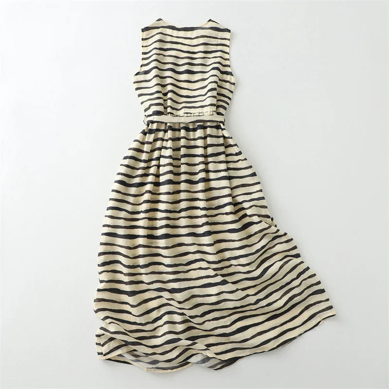 Summer Zebra Striped Dress Thin Women Sleeveless Dresses French Beach Midi