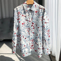Women Floral Shirt Top Turn-Down Collar Single Breasted Lady Silk Cotton Blends Long Sleeve Blouse