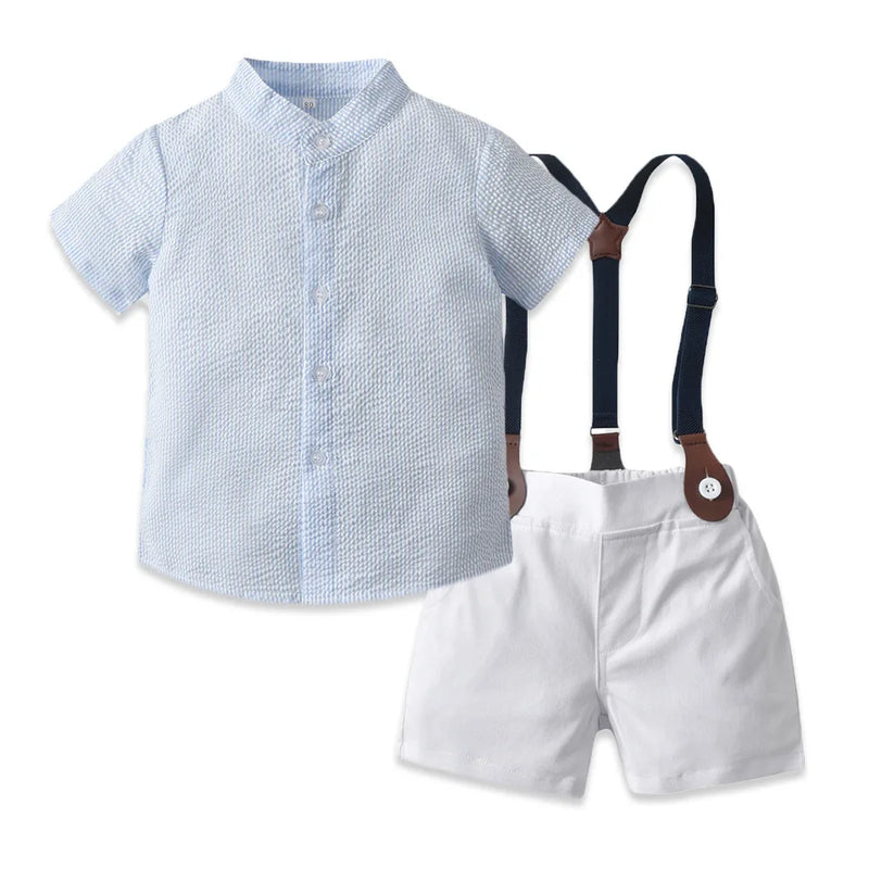 Kids Clothes Boys Summer Set Children Striped Shirt with Bow Tie Suspenders White Shorts Toddler Outfits