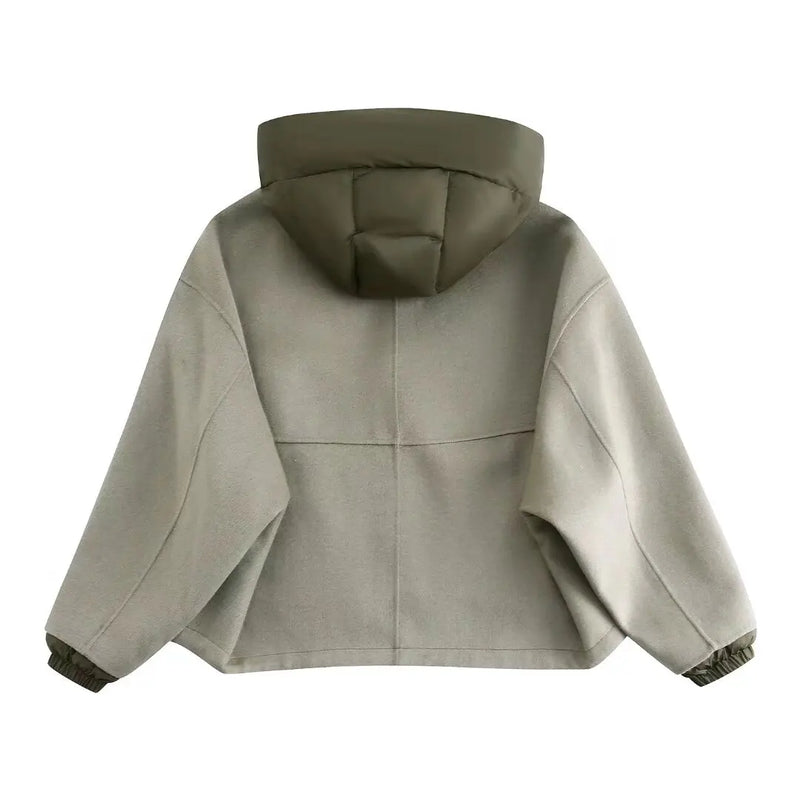 Women's Winter Street Jacket Loose Detachable Hood Reversible Stand Collar Women's Patchwork Pocket Jacket