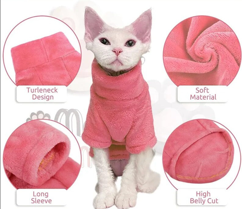 Turtleneck Cat Sweater Coat Winter Warm Hairless Cat Clothes Soft Fluff Pullover Shirt for Maine-Coon Cat Pet Clothing