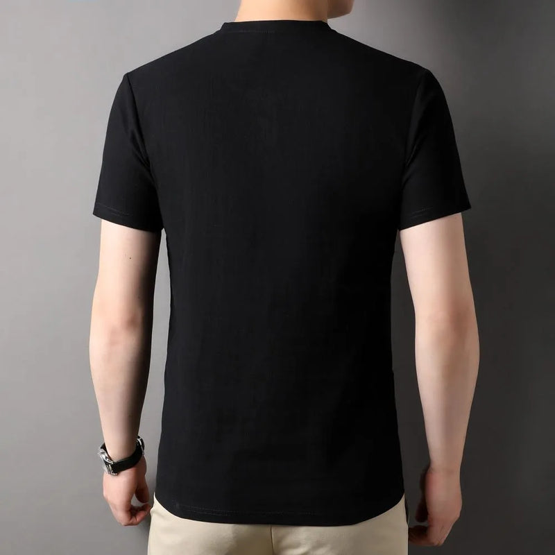 Mens Short Sleeve T-Shirt Cotton Linen Top Thin Casual Crewneck National Trendy Style Menswear Top