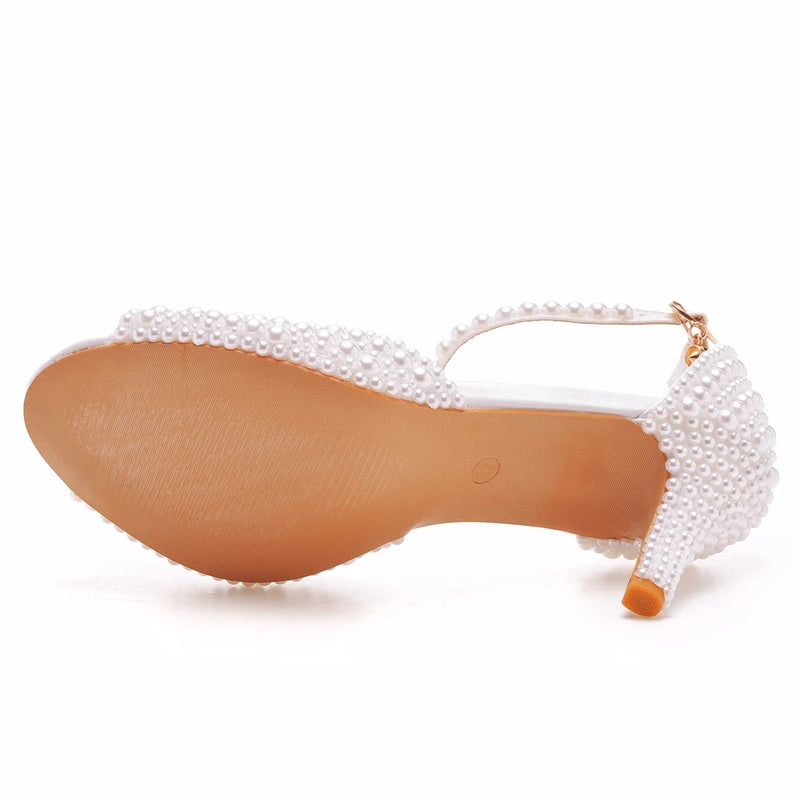 White Pearl Sandals Women Open Toe High Heels Lady Luxury Wedding Shoes Banquet Dress