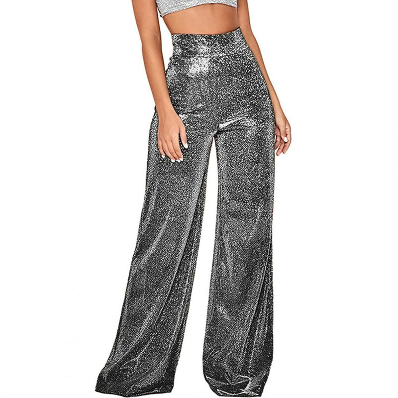 Sparkling Women Pants Shiny Solid High Waist Spring Temperament Loose Straight Wide Leg Trousers Female Clothes