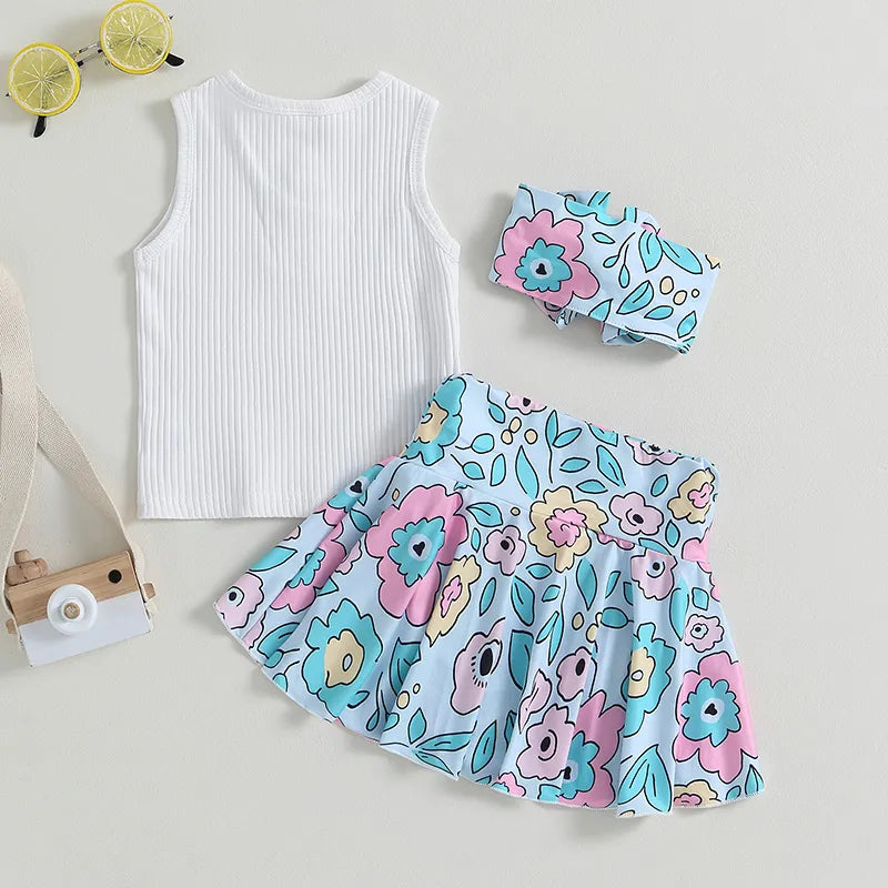 Girls Clothing Sets Summer Toddler Girls Clothes Kids Sleeveless Tank Tops+Floral Skorts+Headband Girls Suit Children Clothing