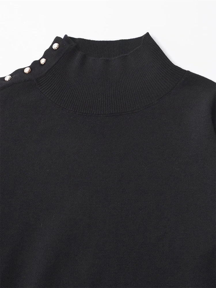 Spring Women Button Black Knitted Sweater Long Sleeves Mock Neck Female Chic Lady Tops