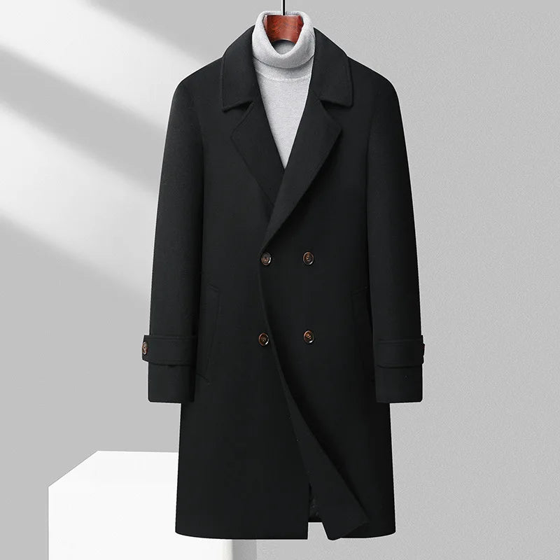 Men's Thick Woolen Trench Coat Double Breasted Long Coat Autumn and Winter
