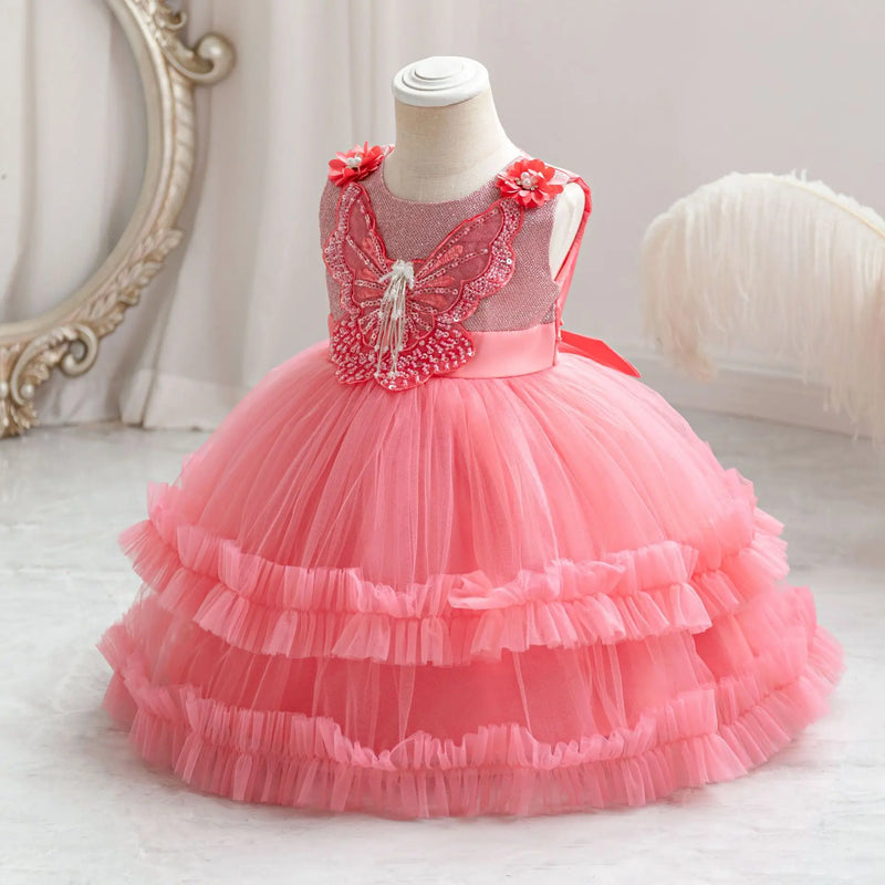 Butterfly Princess Dresses for Girls First Birthday Party Baby Kid's Dress Beading Lace Infant Ball Gown 0-4 Years