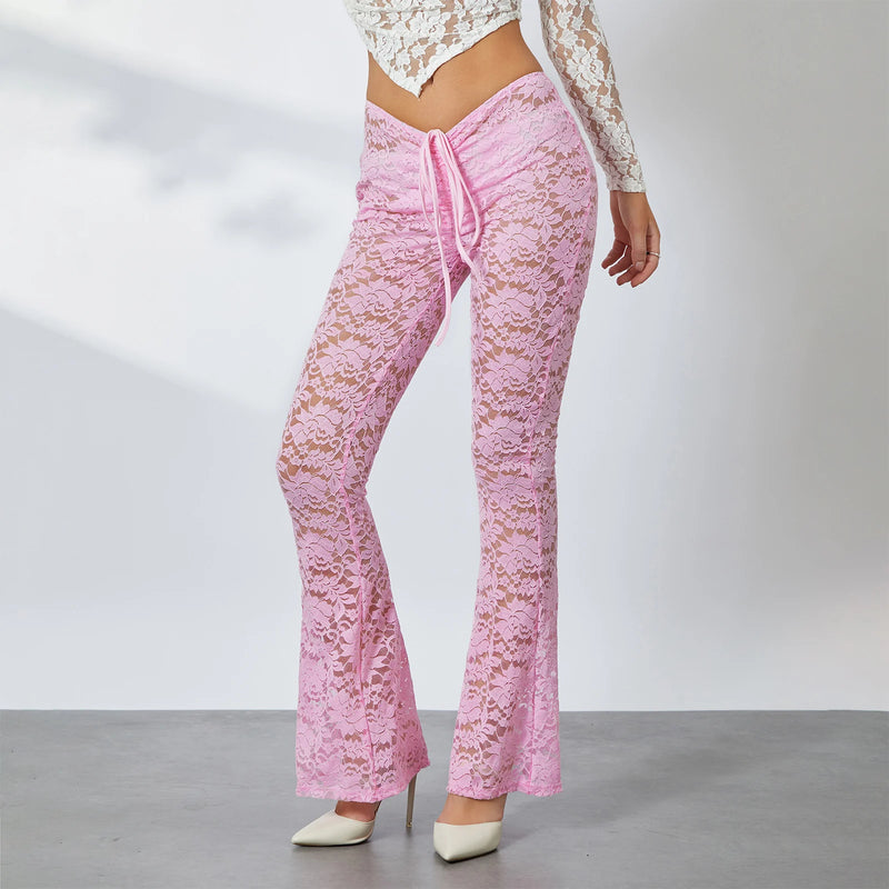 Floral Lace Sheer Flare Pants High Waist Cuffs Long Pant Fairy Coquette 90s Trousers Women Clubwear