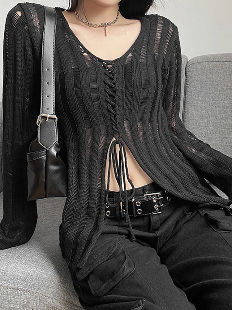 Goth Dark Mall Gothic See Through Bandage Blouse Grunge Black Casual Sexy Knitwear T-shirt Long Sleeve Streetwear Women Tops