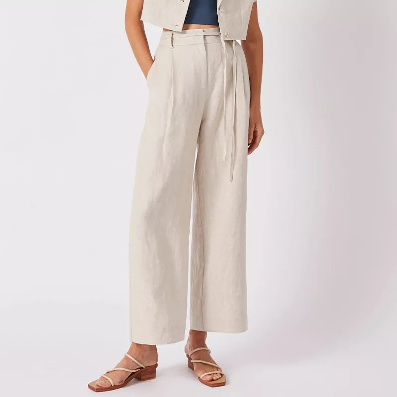 Linen Women Pants Solid High Waist Lace Up Elegant Office Lady Trouser Streetwear