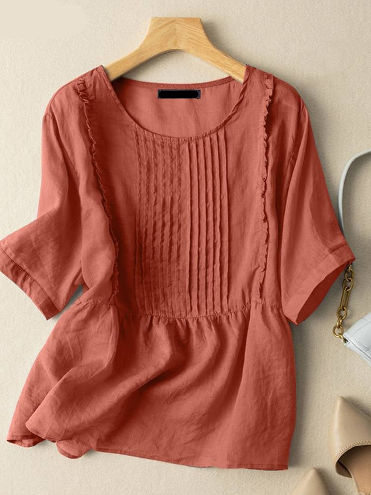 Summer Casual Women's Blouse Half Sleeve Solid Shirt Female O-Neck Chemise Button Cuffs Ruffles Tops