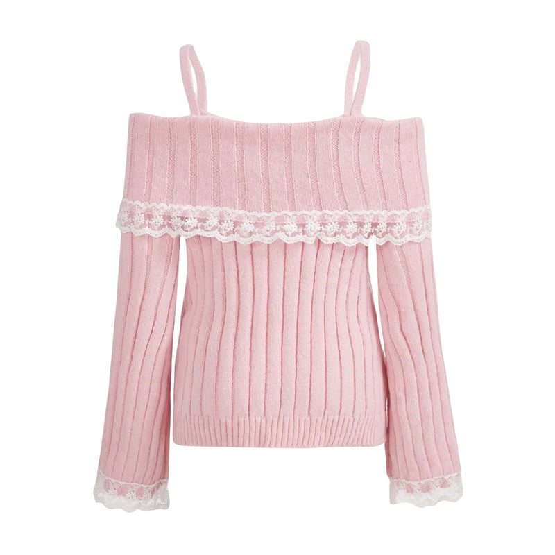 Women Off Shoulder Knit Sweater Solid Color Sweet Pullovers Long Sleeve Bow Lace Patchwork Cute Jumpers Club Streetwear