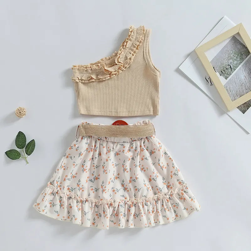Baby Girl Summer Outfit Casual Children Kid One Shoulder Ribbed Tank Tops Elastic Ruffle Floral Skirt with Belt Set