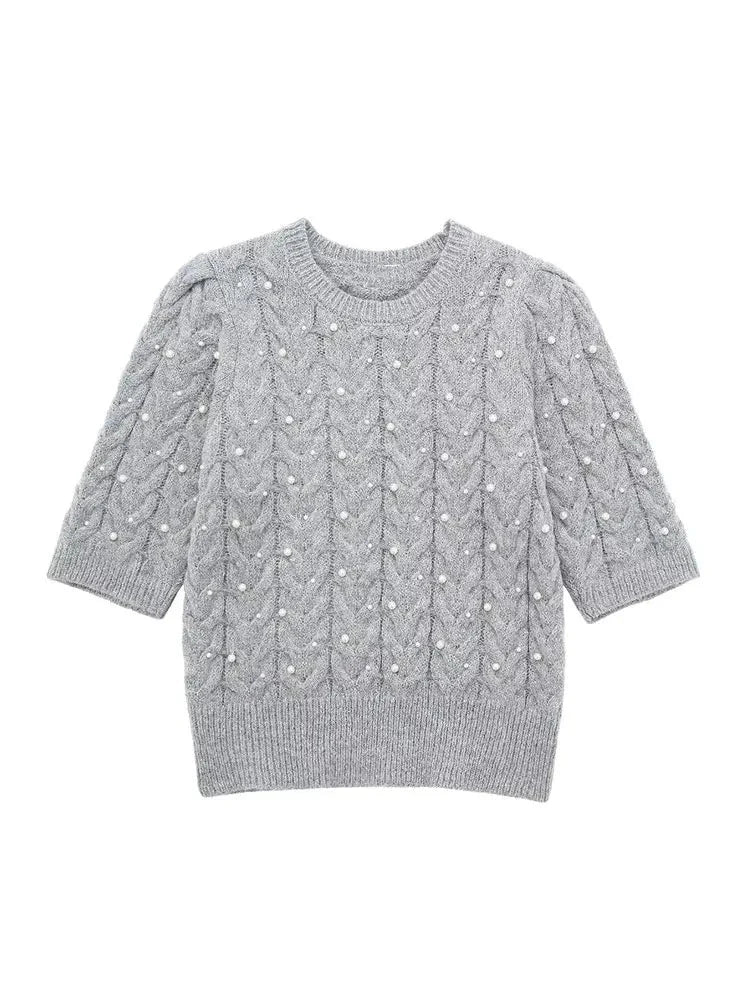 Spring Women's Pullover Retro Knitted Pearl Decorated Loose Women's Short Sweater Versatile Street Short Sleeve Top