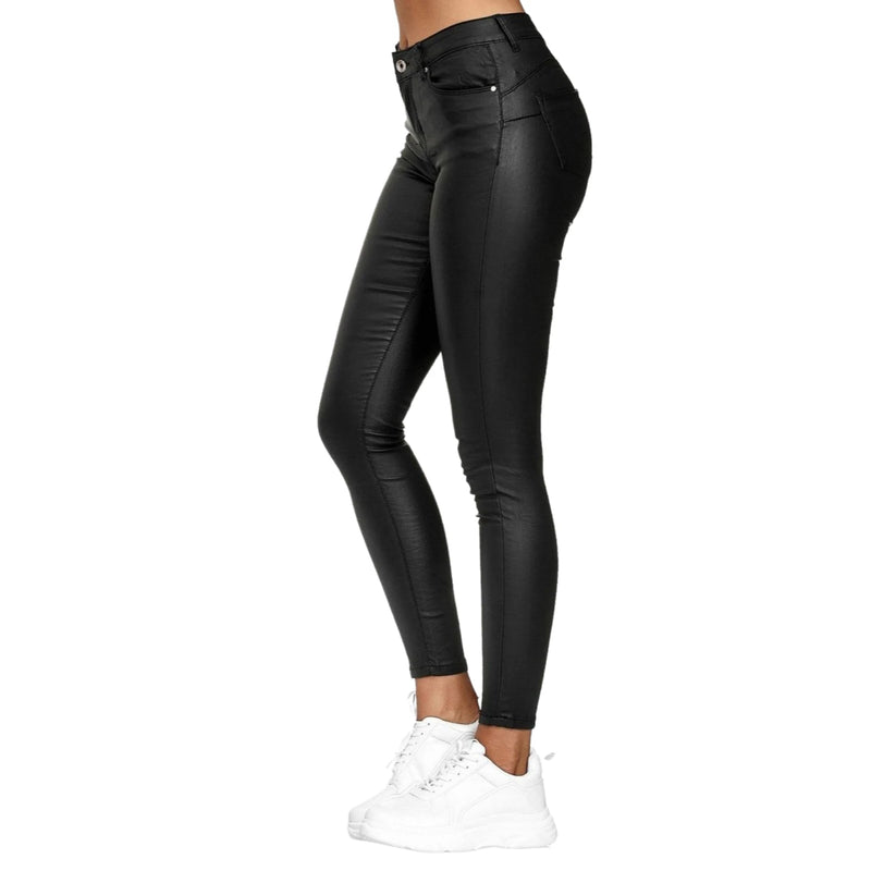 Women High Waisted Faux Leather Legging Solid Shaping Butt Push Up Leggings Stretchy Slim Fit Trousers with Pockets