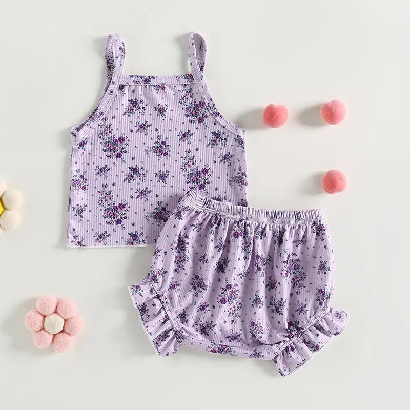 Summer Newborn Infant Baby Girls Clothes Sets Sleeveless Spaghetti Strap Floral Tops + Shorts Outfits Costumes