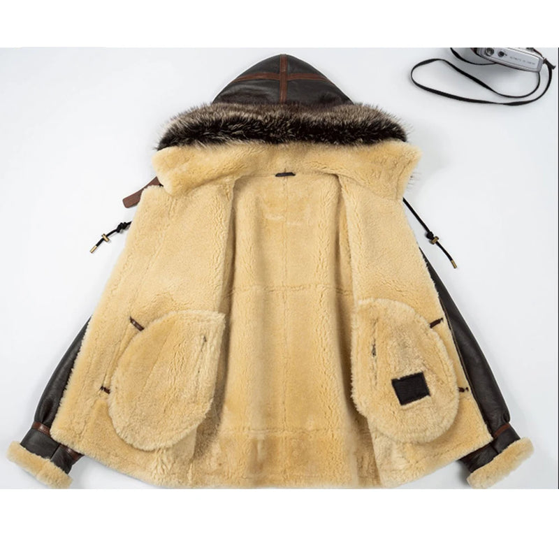 Men Shearling Jacket Hooded Sheepskin Coat Thick Warm Winter Pilot Jacket