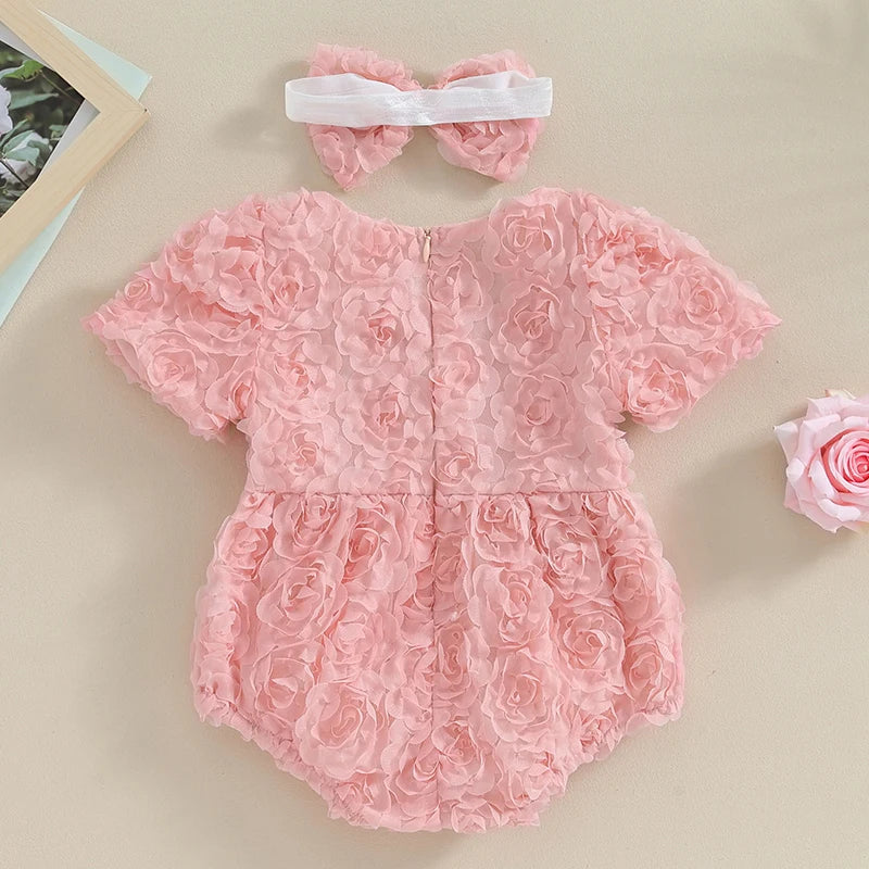 Summer Infant Baby Girls Bodysuit Rose Flower Short Sleeve Clothes Headband Cute Pink Clothes