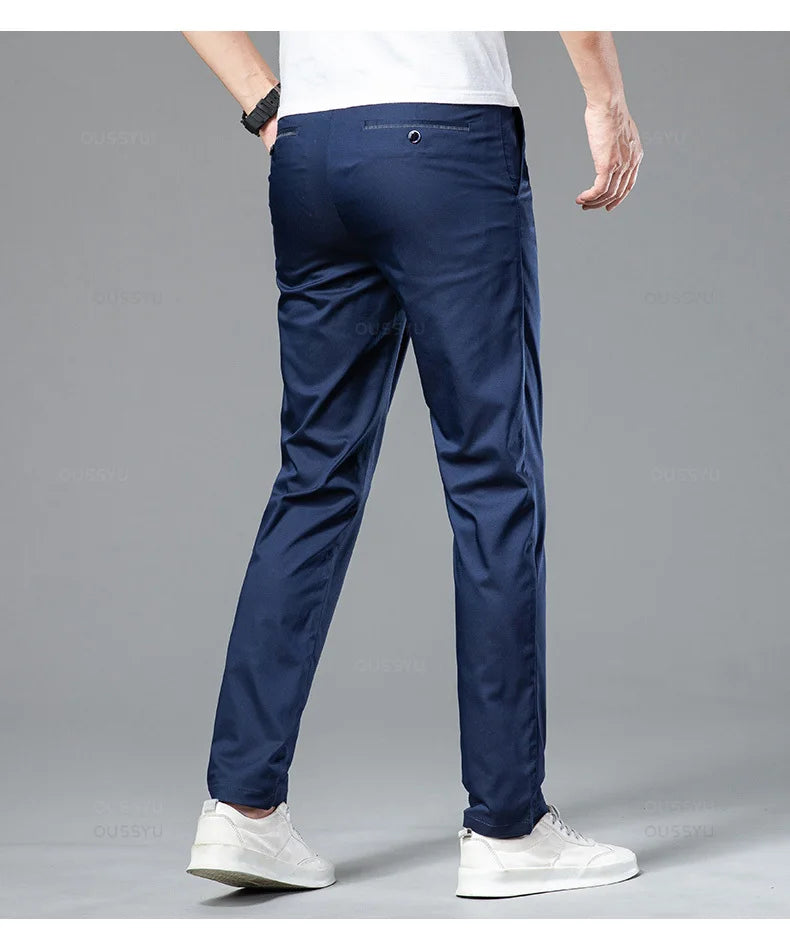 Summer Cosy Soft Bamboo Fibre Straight Suit Pants Men Business Stretch Thin Navy Blue Casual Trousers