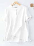 Solid Shirt Female Button Down Loose Tops Summer Short Sleeve Blouse Woman Stylish Pure Cotton O-Neck Shirt