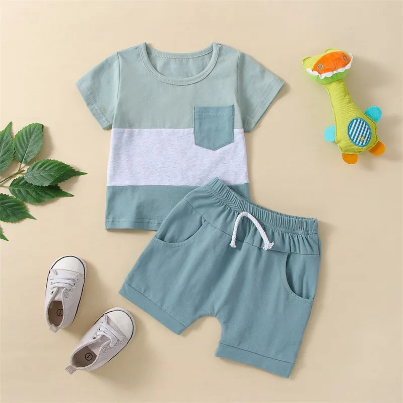 Toddler Baby Boy Summer Clothes Set Short Sleeve Round Neck Stripe Print T-Shirt + Elastic Waist Solid Shorts