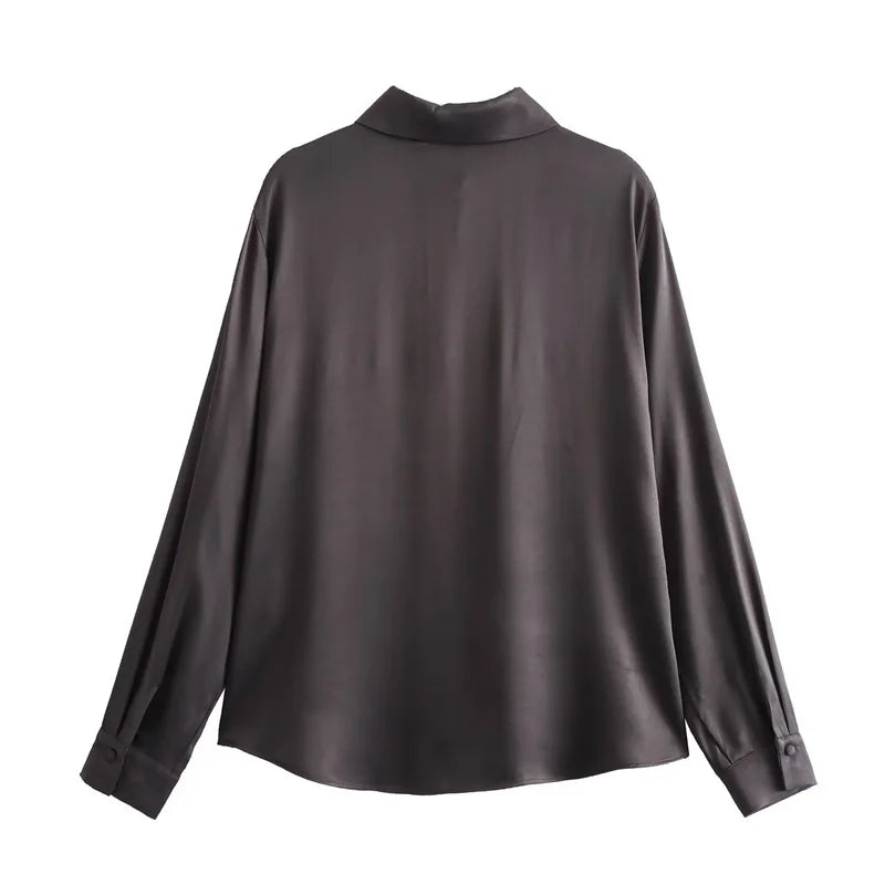 Autumn Women's Silky Texture Dark Brown Shirt Fly Single Breasted Long Sleeve Office Lady Blouses