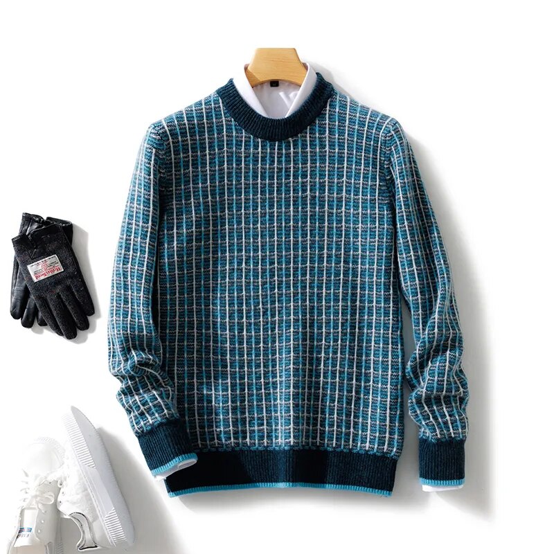 Men's Top Merino Wool Sweater O-Neck Plaid Pullover Autumn and Winter High-Grade Knitted Cashmere Sweater Men Pullover