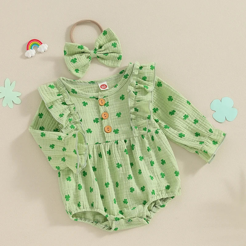 Spring St. Patrick's Day Girl Outfit Long Sleeve Clover Bodysuit Hairband Fall Clothes