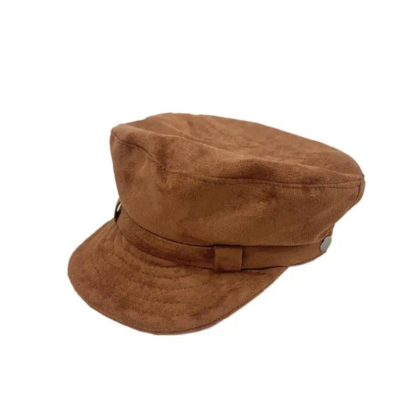 Retro Brown Suede Winter Military Cap Men Women Flat Newsboy Cap Autumn Belt Ribbon Visor Hat