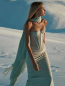 Enchanting Strapless Corset Mint Dress with Floaty Scarf for High-Profile Events Evening Gown