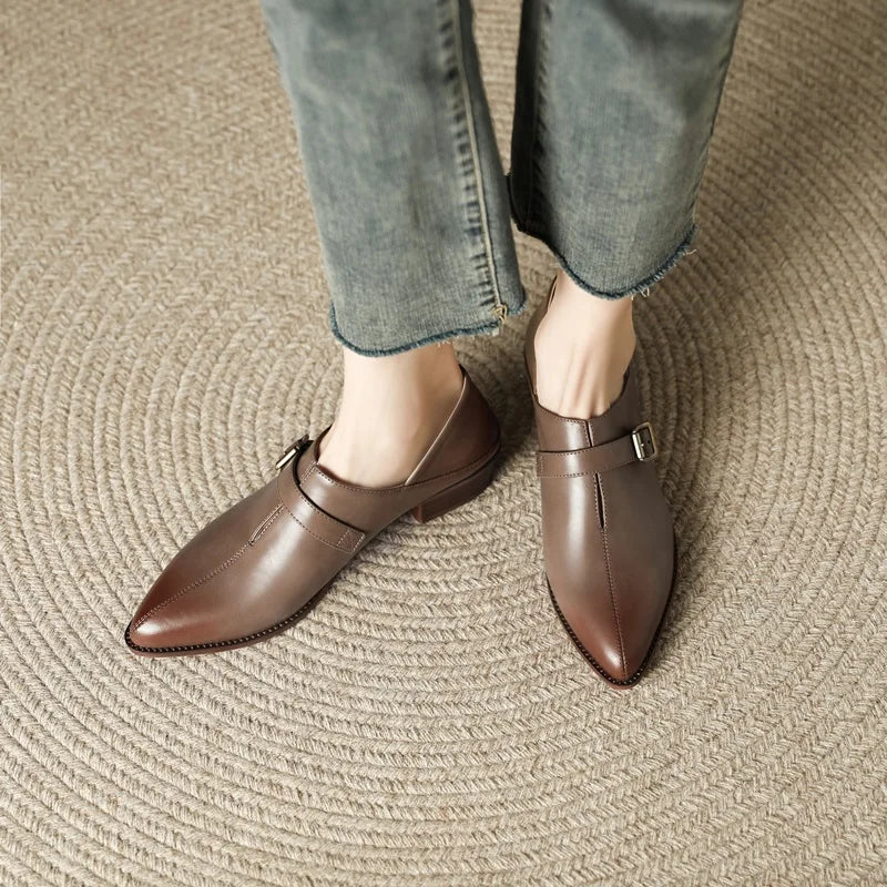 Buckle Genuine Leather Single Shoes Woman Retro Pointed Toe Dress Shoes Ladies Thick Med Heels Pumps