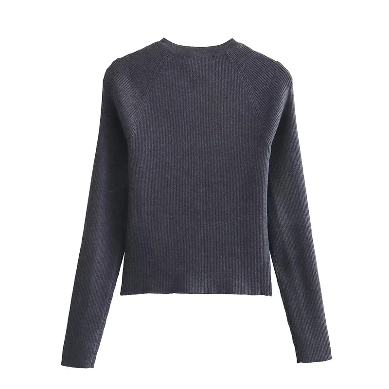 Women Dark Slim Rib Knit Cardigan Autumn Slim Sweater Outerwear