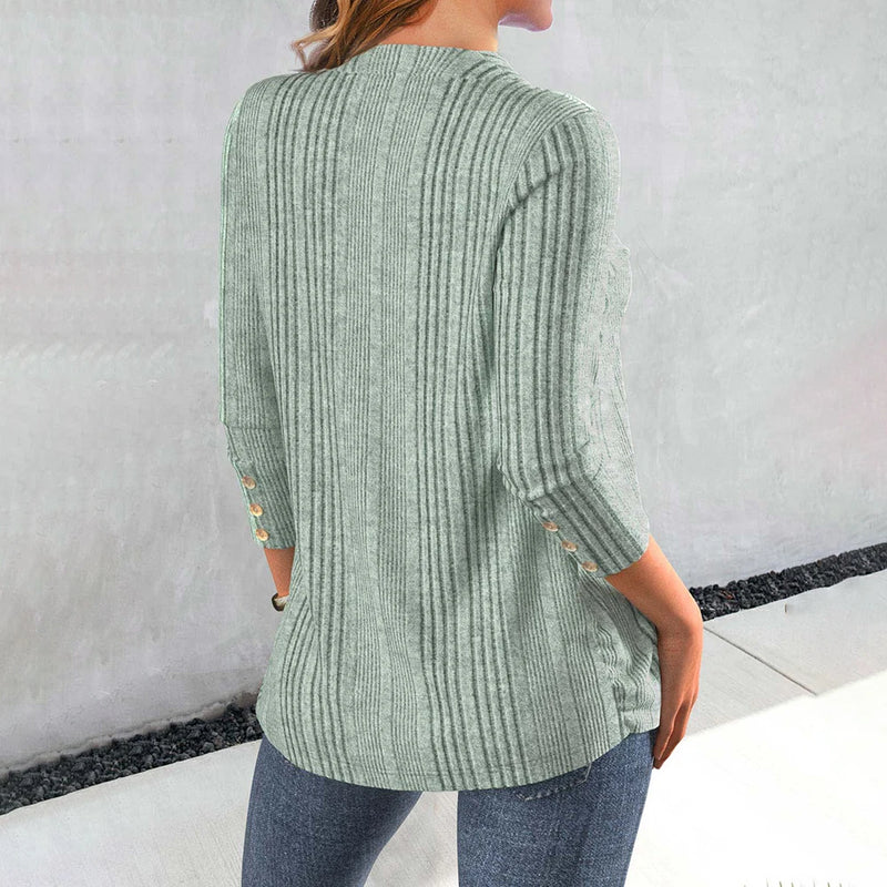 Vintage Autumn Winter Long-sleeved Solid V-neck Button T-shirt Top Casual Loose Elegant Basic Daily Women Shirt