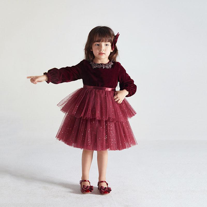 Christmas Formal Dress for Kids Girl Children Girls Patchwork Red Tulle Layered Ball Gown for Pageant Ceremony Carnival