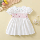 Baby Girls White Party Dresses With Flower Embroidery & Smocking Toddler Girl Cotton Dress Children Summer Clothing