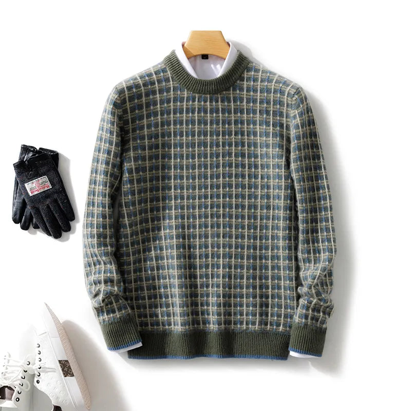 Men's Top Merino Wool Sweater O-Neck Plaid Pullover Autumn and Winter High-Grade Knitted Cashmere Sweater Men Pullover
