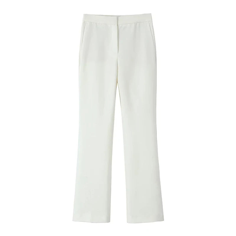 Women Vintage Mid Waist Full Length Flared Pants Elegant Office Ladies White Trousers
